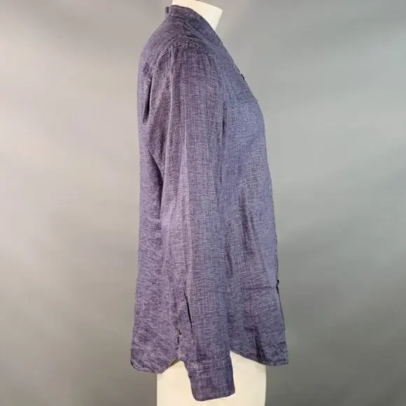 GIORGIO ARMANI L Blue Woven Linen Collarless Double Zipper Long Sleeve Shirt